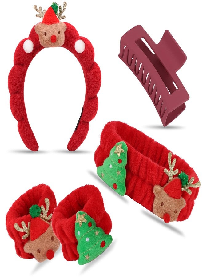 Wecoe Christmas Spa Headband & Wristband Set for Washing Face Red Facial Skincare Makeup Headband Puffy Sponge Bubble Head Band Bow Tie Hair Band Hair Clips Women Girls Accessories Gifts - Image 1